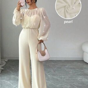 Elegant Cream Jumpsuit with Pearl Details